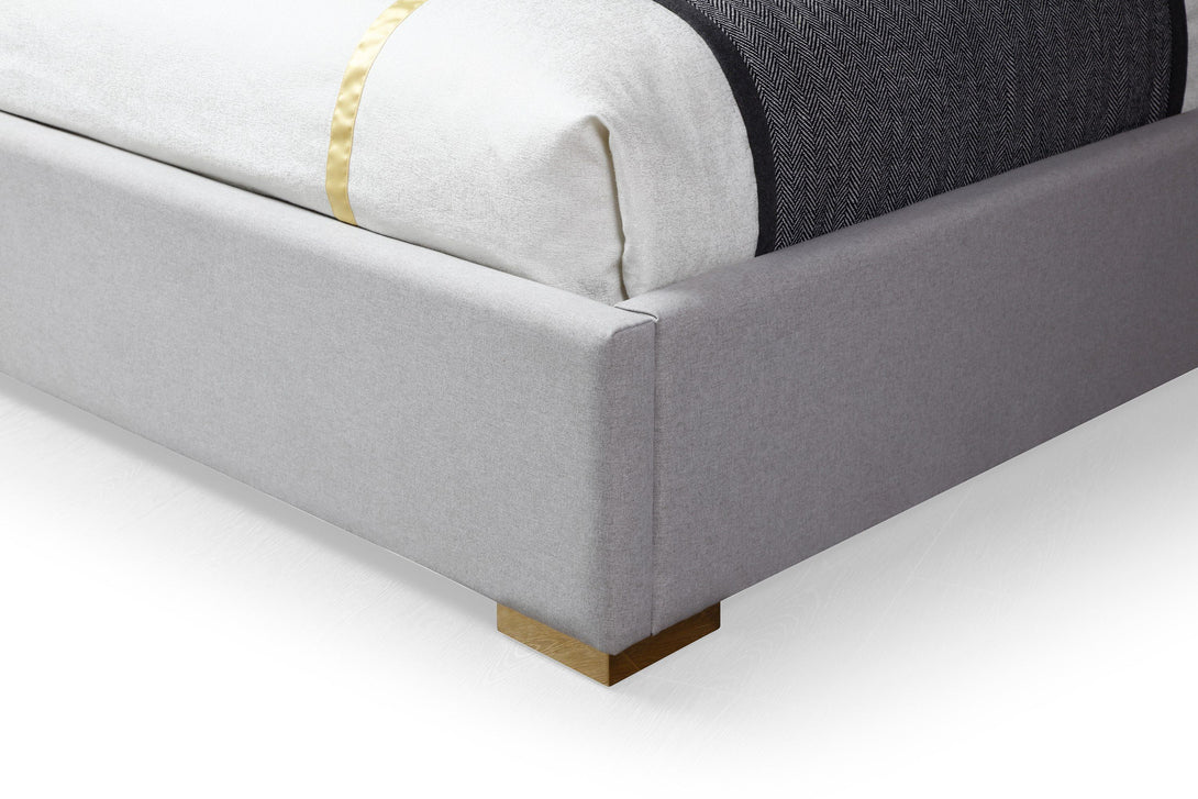 Modrest Athena & Rothsay - Modern Grey Fabric + Wenge + Gold Bed Headboard - Close-up view of the bedframe corner on white transparent background