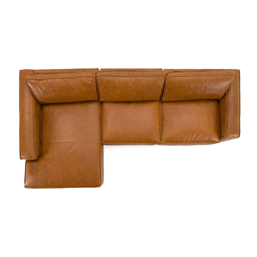Modrest Cambria - Modern Cognac Leather Sectional Sofa - Arial view of left hand sectional on a white transparent background