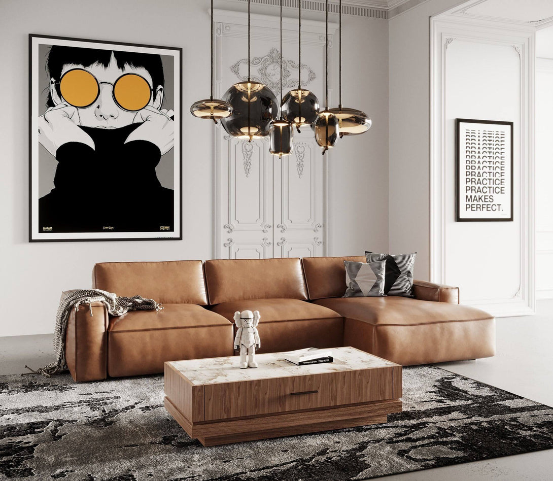 Modrest Cambria - Modern Cognac Leather Sectional Sofa - View of right hand sectional in a demo room