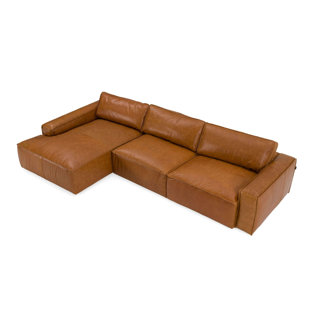 Modrest Cambria - Modern Cognac Leather Sectional Sofa - angled Arial view of left hand sectional on a white transparent background