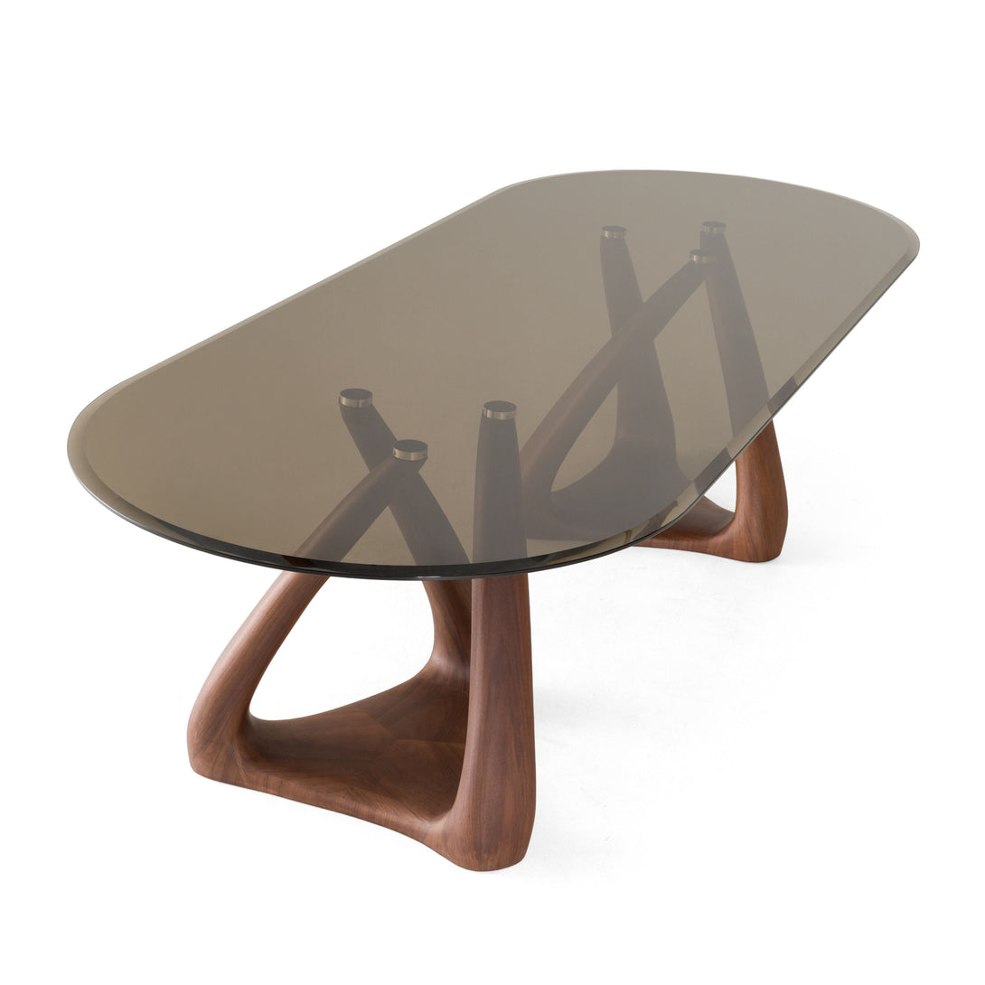 Modrest Christy - Mid-Century Modern Grey Glass + Walnut Oval Dining Table - Arial View of dining table smoked grey glass top