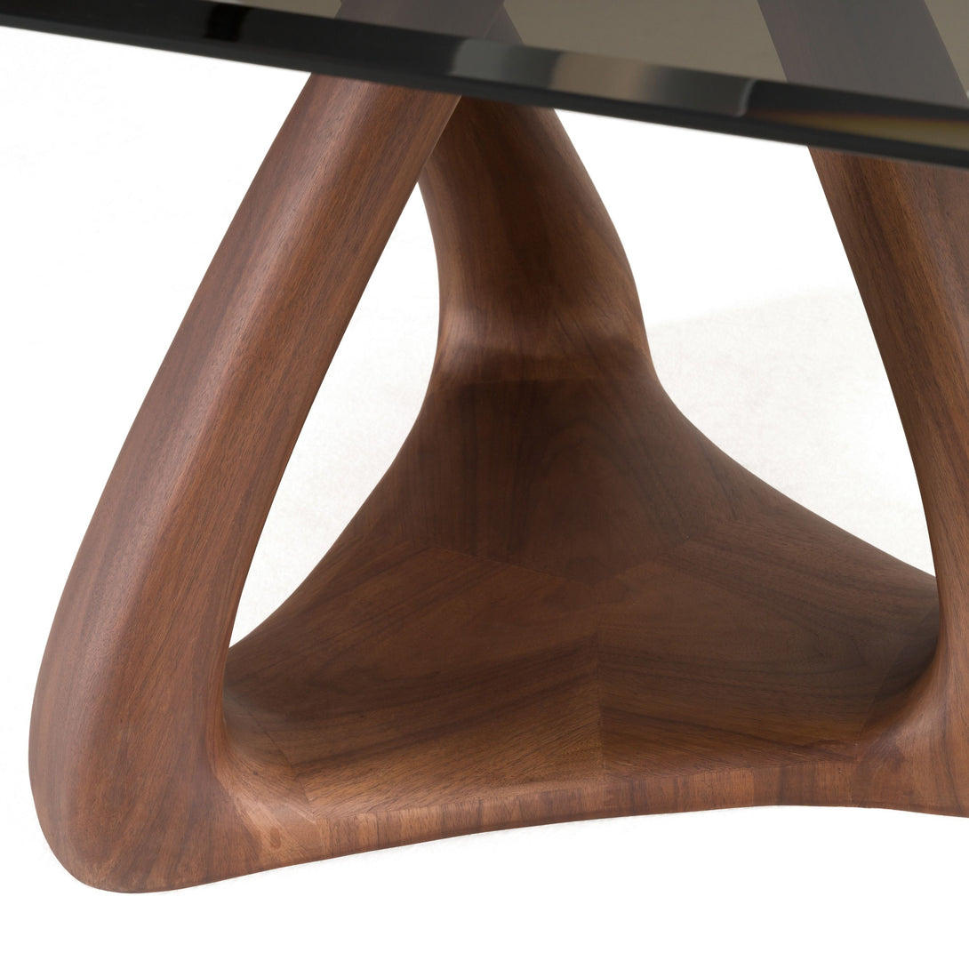 Modrest Christy - Mid-Century Modern Grey Glass + Walnut Oval Dining Table - Close-up view of dining table pedestal with emphasis on walnut vaneer legs and feet