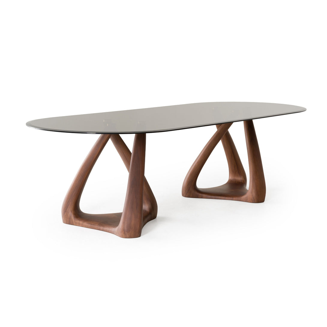 Modrest Christy - Mid-Century Modern Grey Glass + Walnut Oval Dining Table - Side View of dining table with a smoked grey glass top