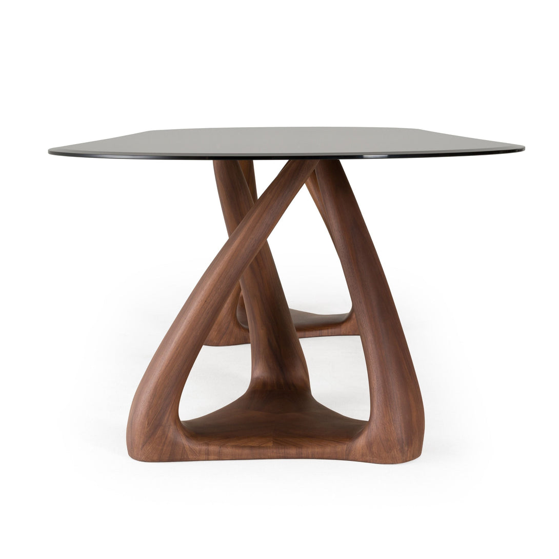 Modrest Christy - Mid-Century Modern Grey Glass + Walnut Oval Dining Table - View from the end of the dining table with emphasis on walnut vaneer legs and feet