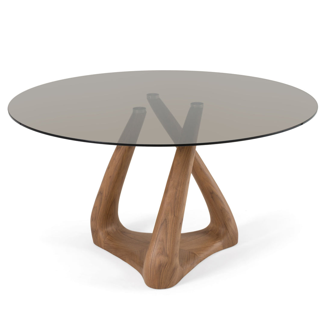 Modrest Christy - Mid-Century Modern Grey Glass + Walnut Round Dining Table - Arial View of dining table with a smoked grey glass top