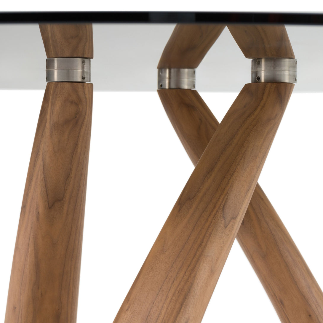 Modrest Christy - Mid-Century Modern Grey Glass + Walnut Round Dining Table - Close-up view of dining table pedestal with emphasis on walnut vaneer legs and feet