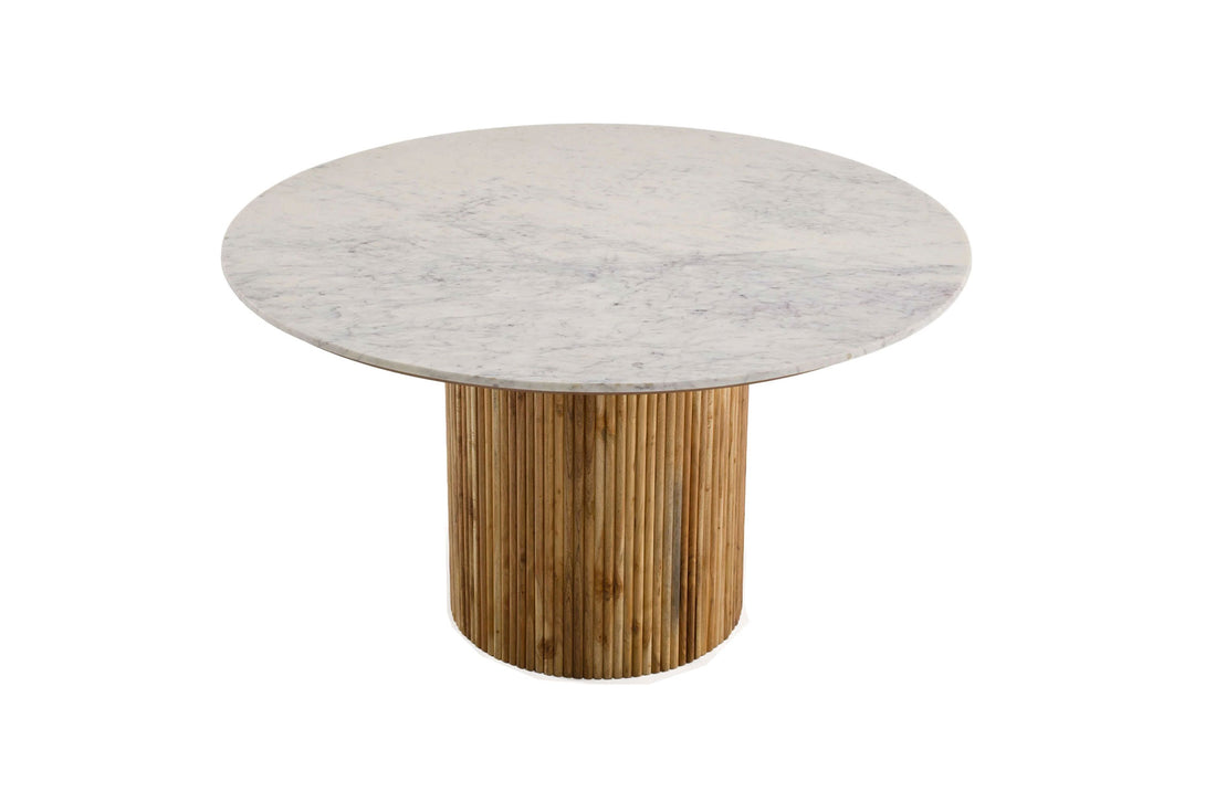 Modrest Shirley - Modern White Marble + Natural Acacia Round Dining Table - Round table with marble top and wooden base on a white background