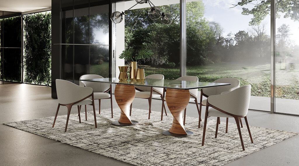 Modrest Cleveland - Contemporary Glass and Walnut Dining Set - Angled view of dining set in a demo room