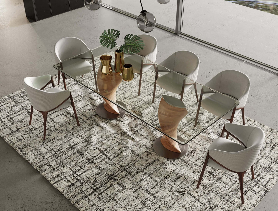Modrest Cleveland - Contemporary Glass and Walnut Dining Set - Arial view of dining set in a demo room
