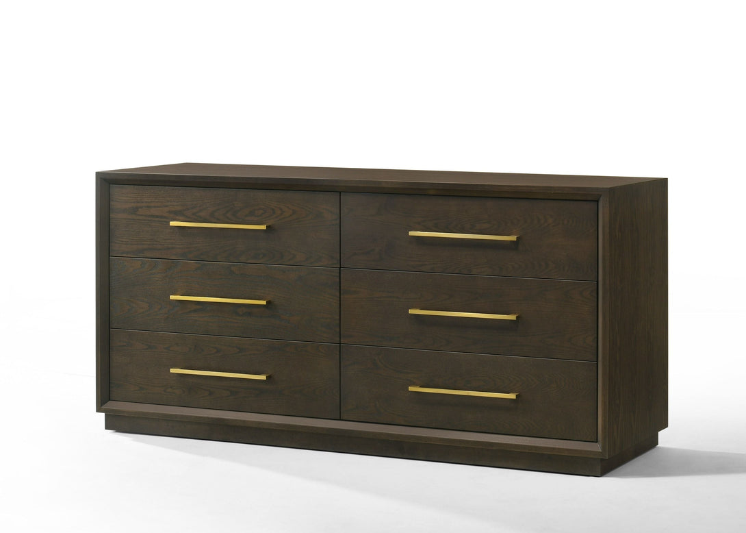 Modrest Manhattan - Contemporary Brown Oak Dresser - Angled front view of the front of the dresser on a white transparent background
