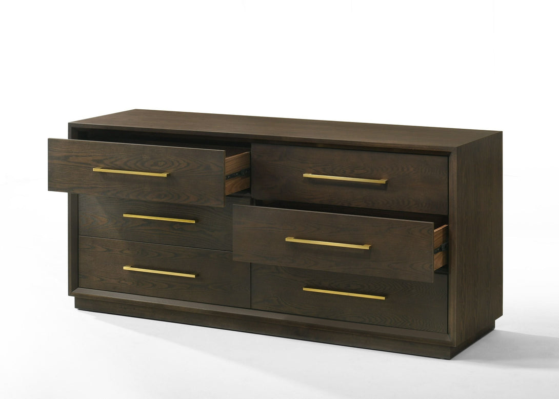 Modrest Manhattan - Contemporary Brown Oak Dresser - Angled front view of the front of the dresser with the drawer open on a white transparent background