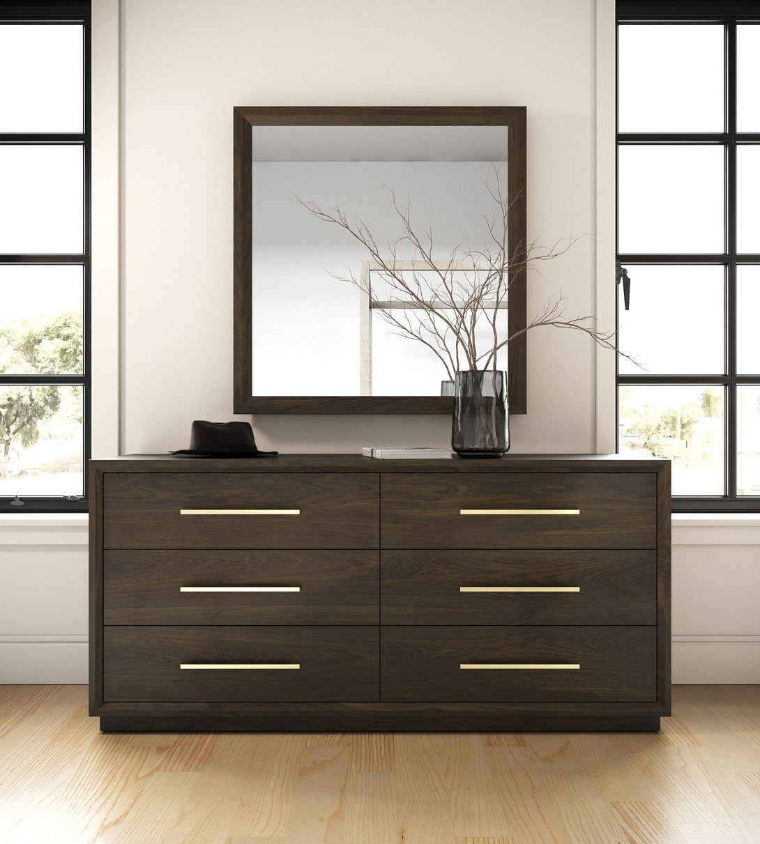 Modrest Manhattan - Contemporary Brown Oak Dresser - Front view of the front of the dresser in a demo room enivronment