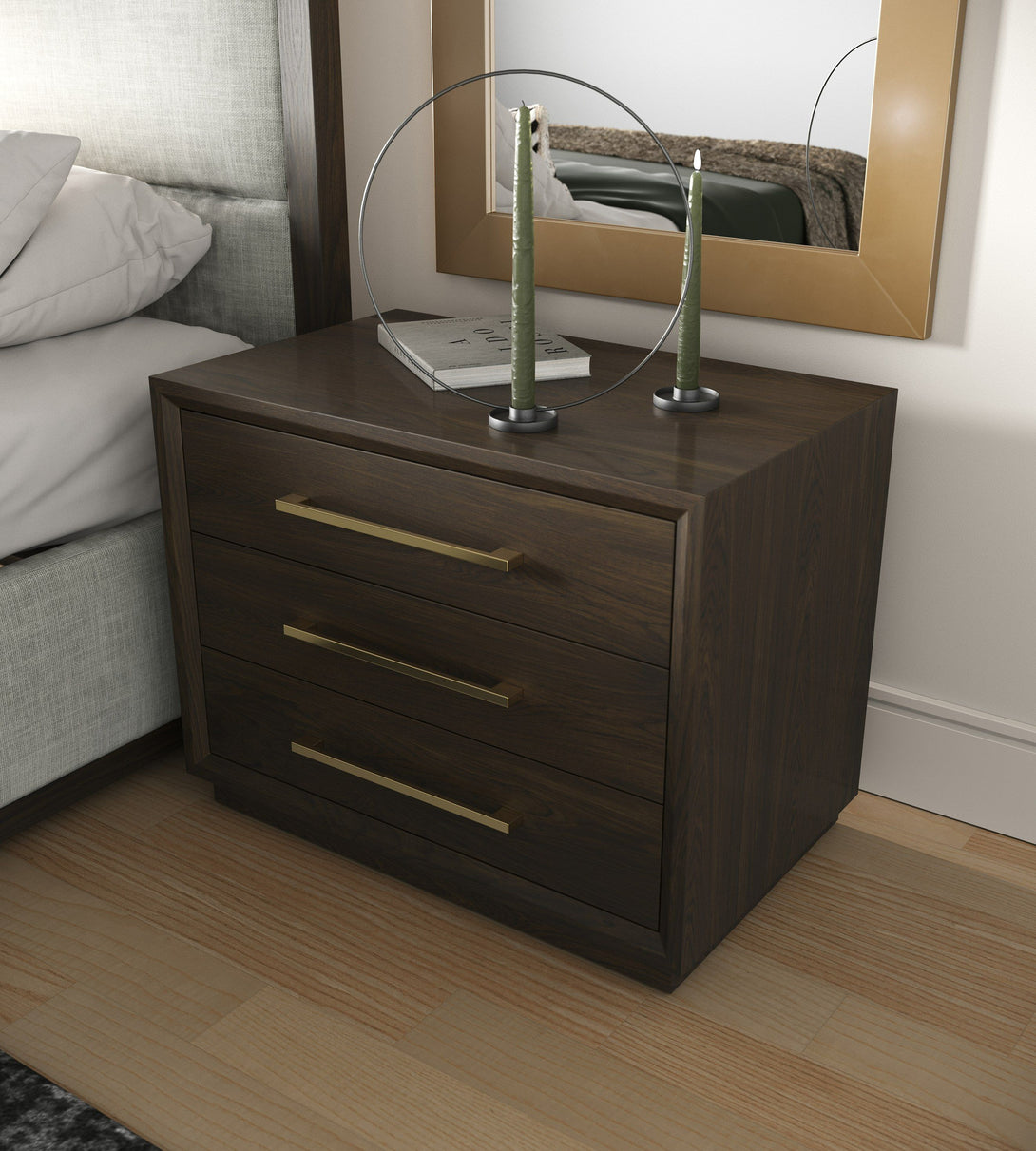 Modrest Manhattan - Contemporary Brown Oak Nightstand - Angled front view of the front of the nightstand in a demo room enivronment