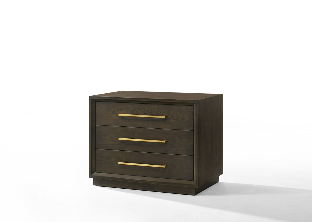 Modrest Manhattan - Contemporary Brown Oak Nightstand - Angled front view of the front of the nightstand on a white transparent background
