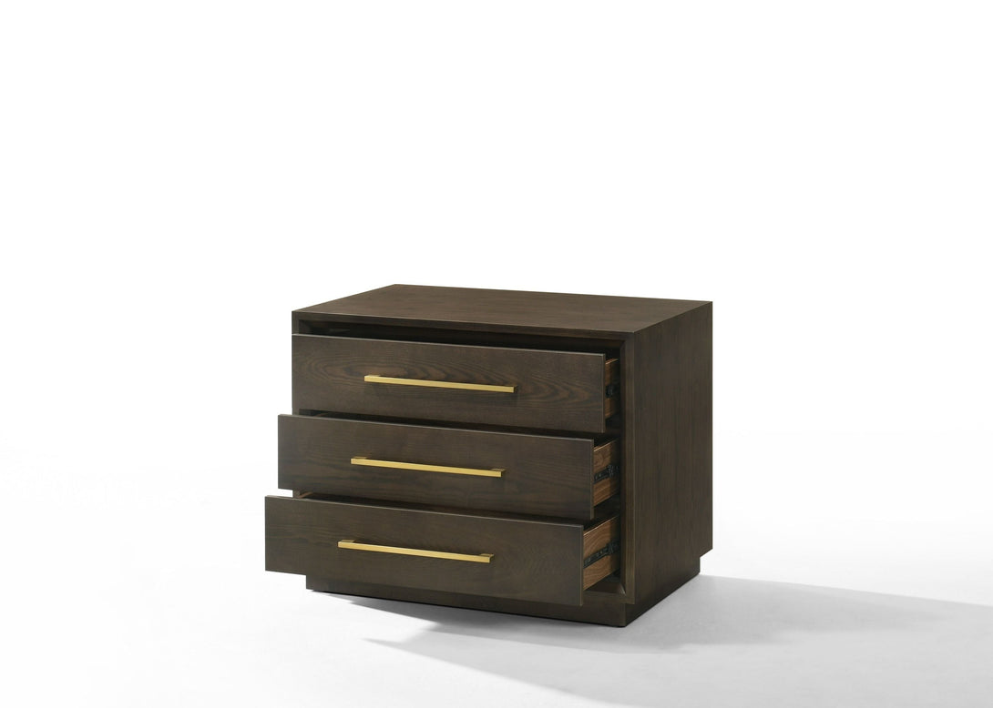 Modrest Manhattan - Contemporary Brown Oak Nightstand - Angled front view of the front of the nightstand with the drawer open on a white transparent background