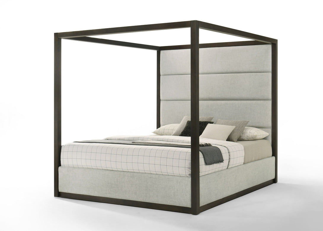 Modrest Manhattan - Contemporary Canopy Brown Oak Bed - Angled view of the front of the bed on a white transparent background