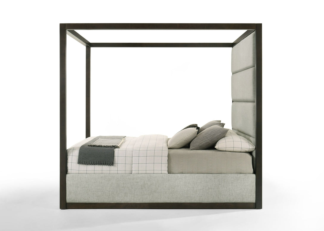 Modrest Manhattan - Contemporary Canopy Brown Oak Bed - Side view of the front of the bed on a white transparent background