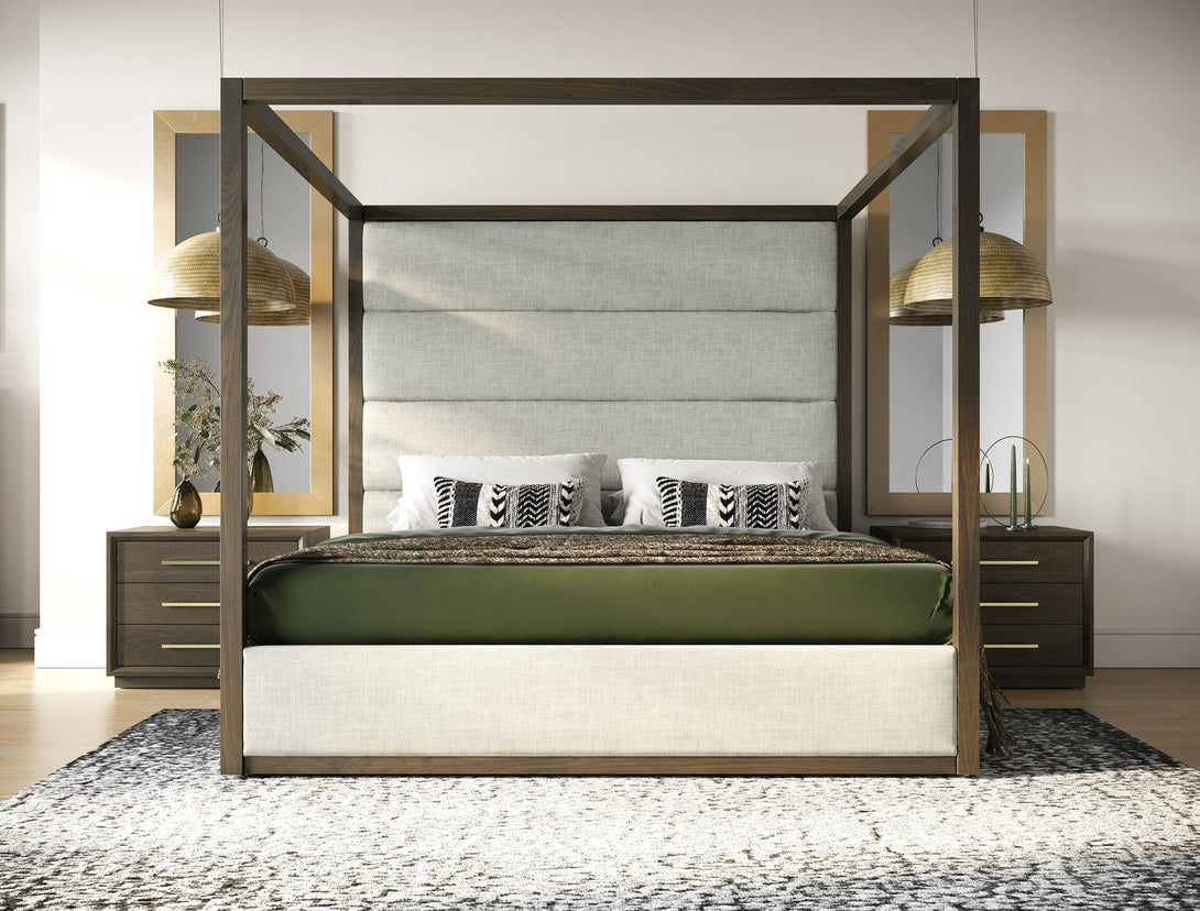Modrest Manhattan - Contemporary Canopy Brown Oak Bedroom Set - View of the front of the bed in a demo room environment