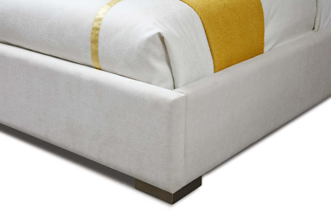 Modrest Nixa - Modern Beige Velvet + Brushed Bronze Bed  - Close-up view the bedframe corner on white transparent background