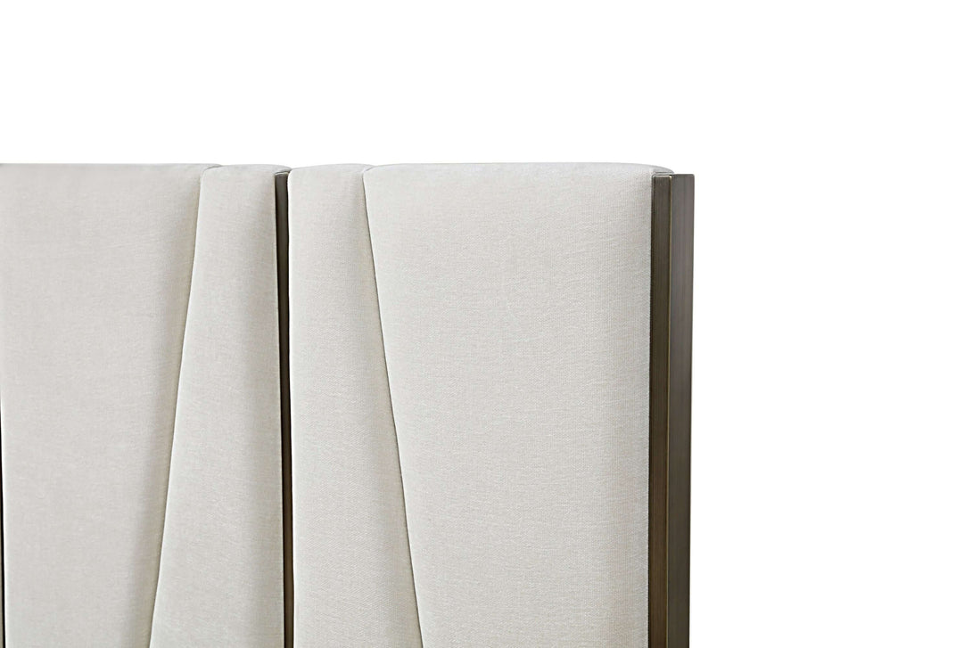 Modrest Nixa - Modern Beige Velvet + Brushed Bronze Bed  - Close-up view the upholstered velvet headboard corner on white transparent background
