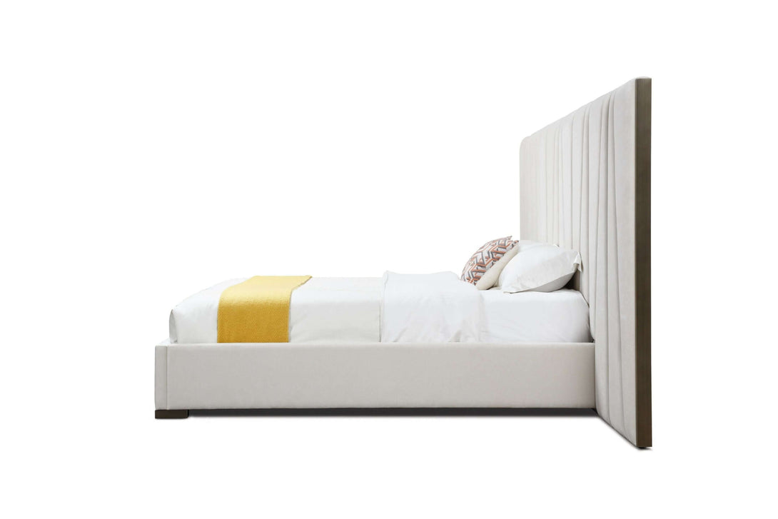 Modrest Nixa - Modern Beige Velvet + Brushed Bronze Bed  - Side view of the bed on white transparent background