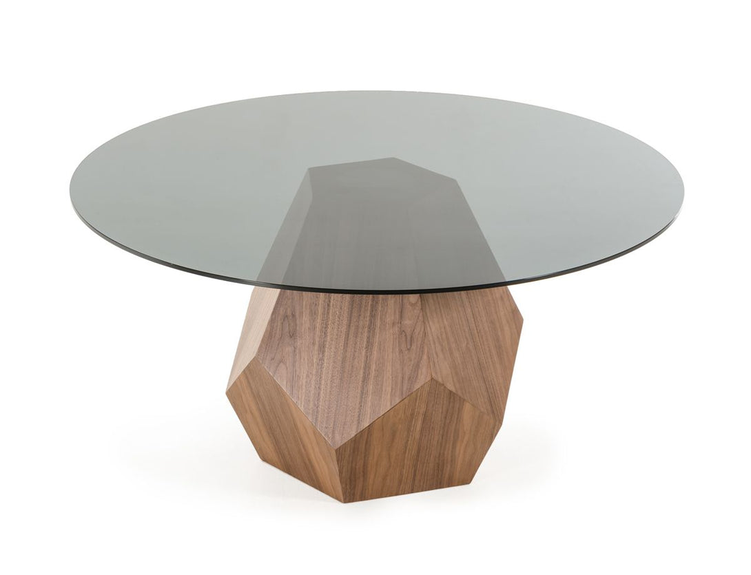 Modrest Rackham Mid-Century Walnut Round Dining Table - Arial view of smoked glass table top on a white transparent background