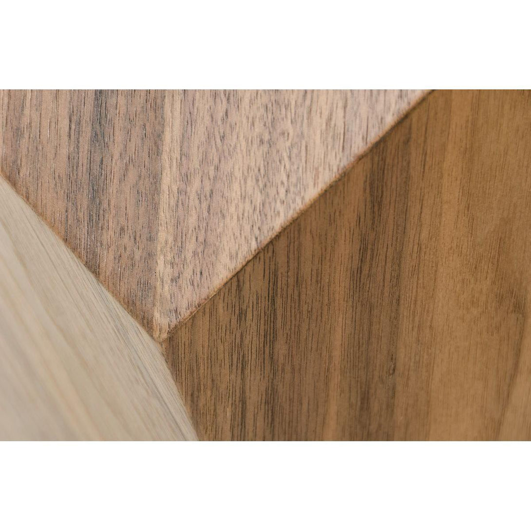 Modrest Rackham Mid-Century Walnut Round Dining Table - Close up view of walnut vaneer wood geometric coffee table base on a white transparent background