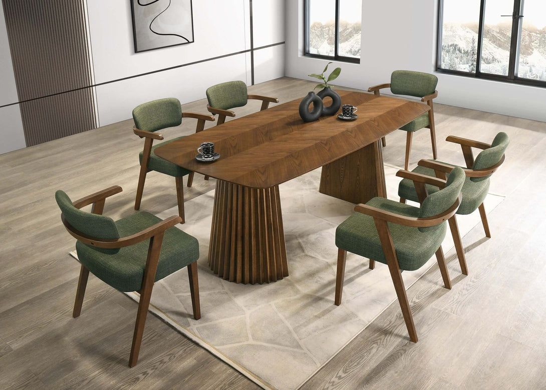 Modrest Sacks - Mid-Century Modern Herringbone Walnut Dining Table - Arial view of dining set in a demo room environment