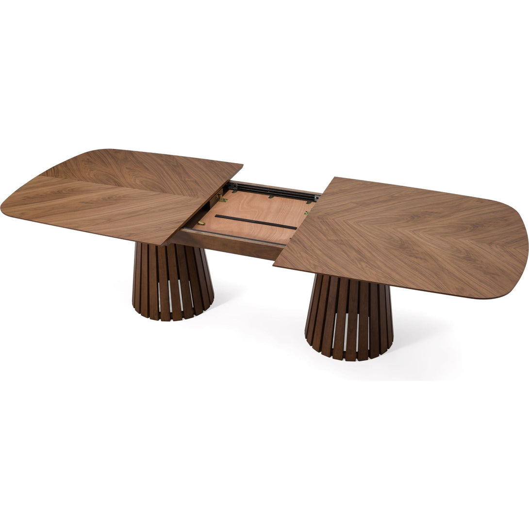 Modrest Truman - Mid-Century Modern Walnut Extendable Dining Table - Arial view of dining table extention fully removed on a white transparent background