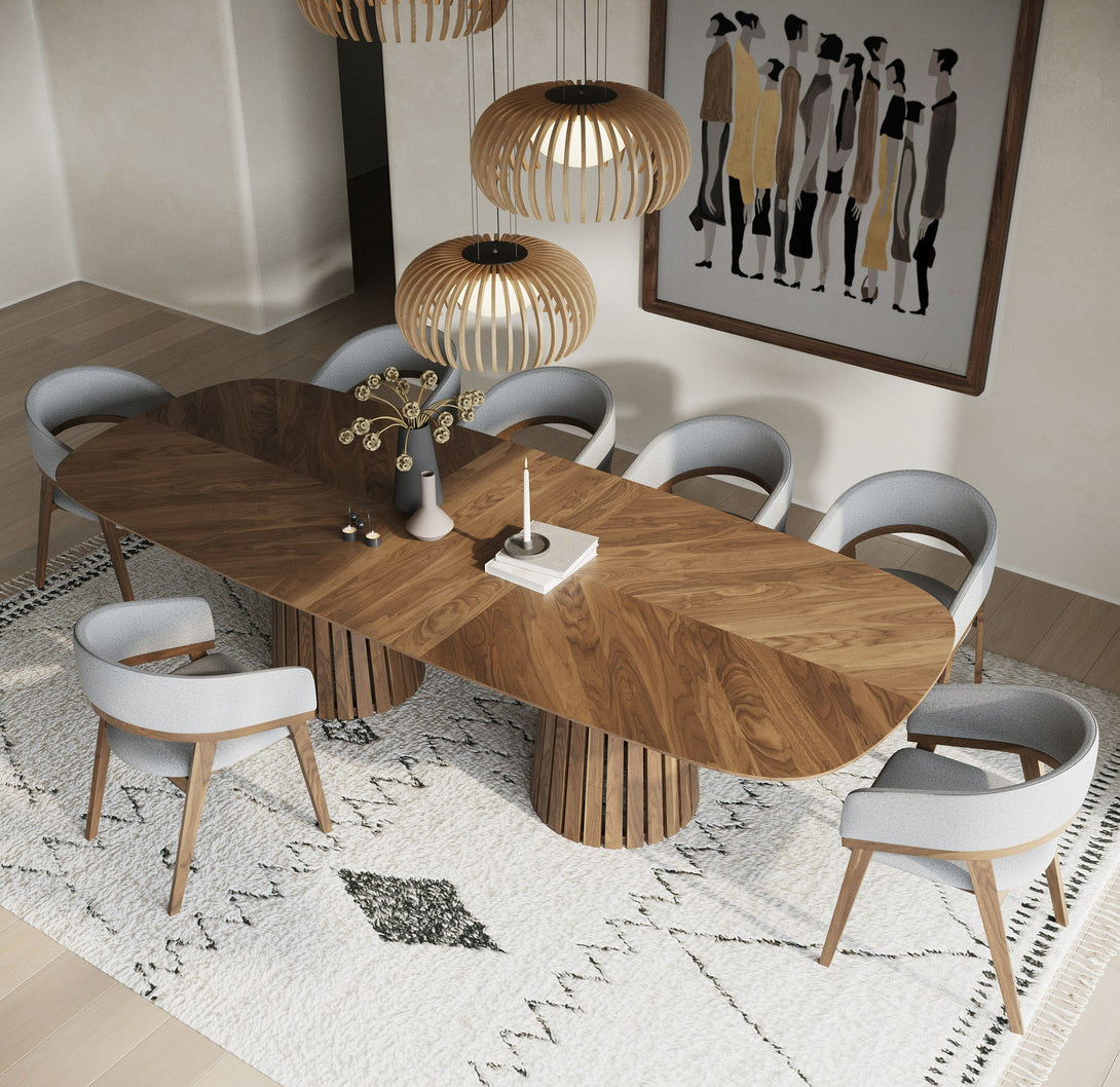 Modrest Truman - Mid-Century Modern Walnut Extendable Dining Table - View of dining table with exention and dining chairs in a demo room environment