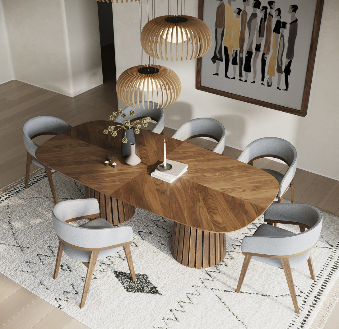 Modrest Truman - Mid-Century Modern Walnut Extendable Dining Table - View of dining table without exention and dining chairs in a demo room environment