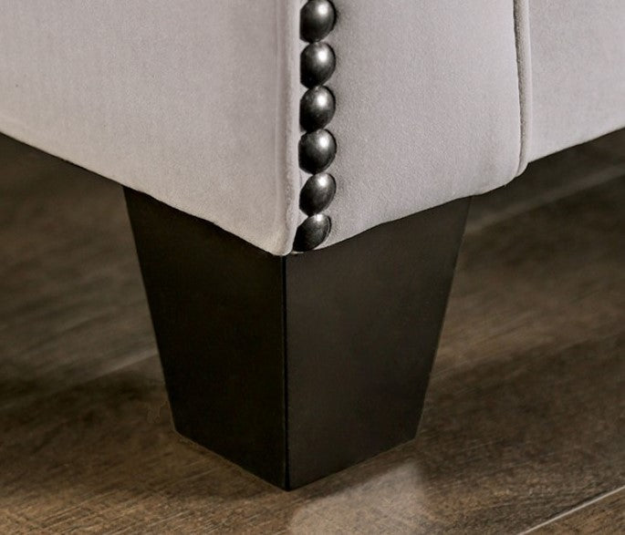 Montecelio Living Room Set in Light Grey Velvet - Close-Up View of Furniture Feet and Furniture Upholstry Tacks