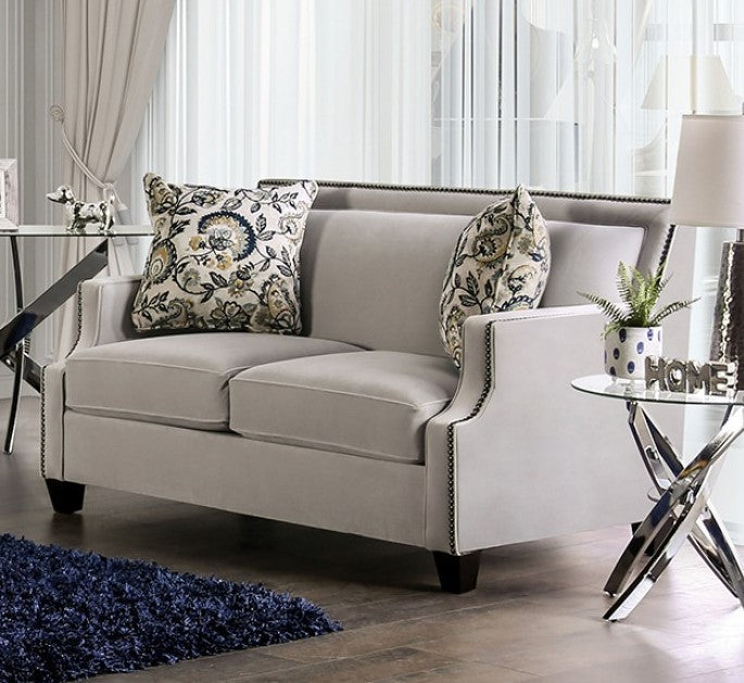 Montecelio Sofa in Light Grey Velvet - Angled Front View of Sofa