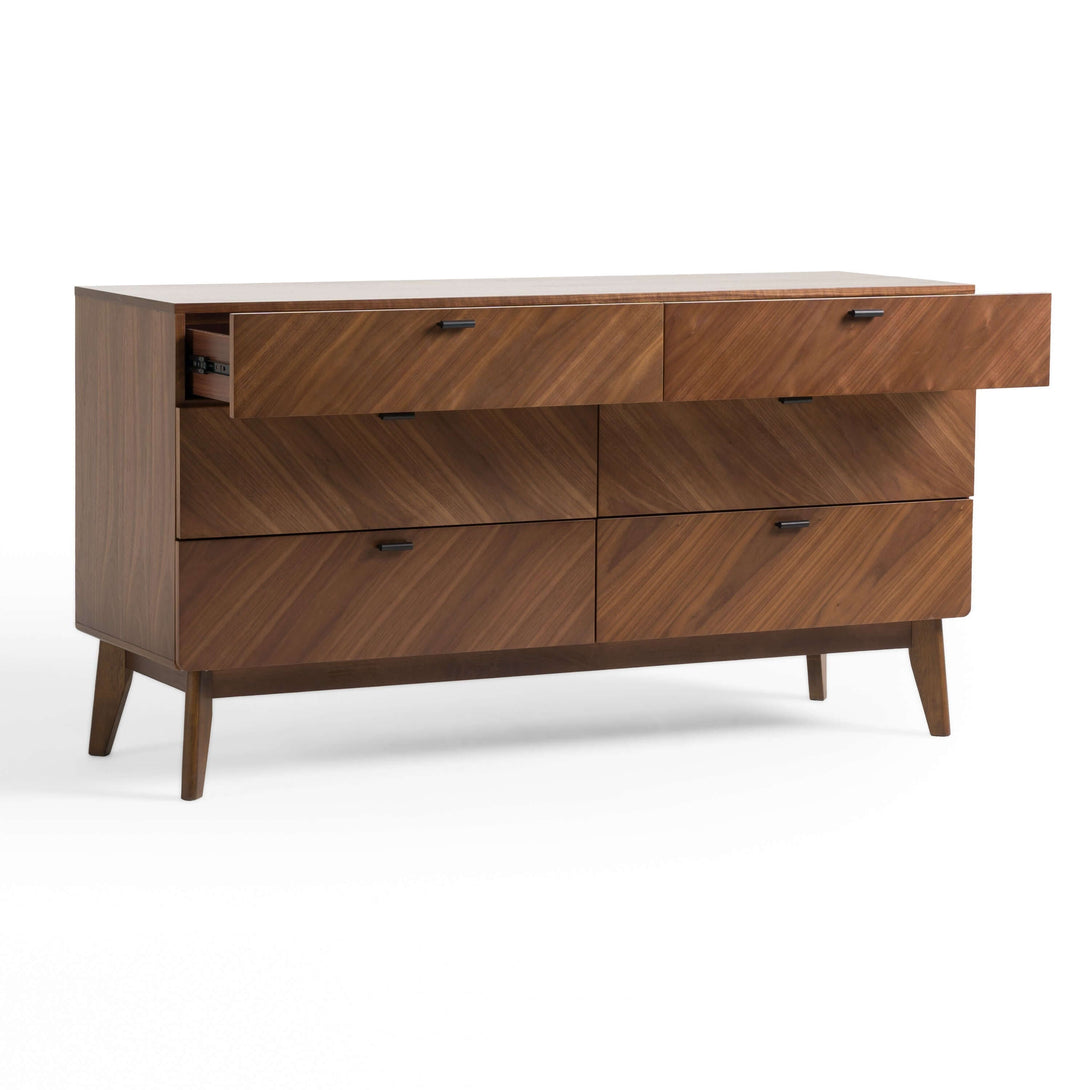 Nova Domus Kamela - Modern Dresser - Angled front view of dresser with top drawers open