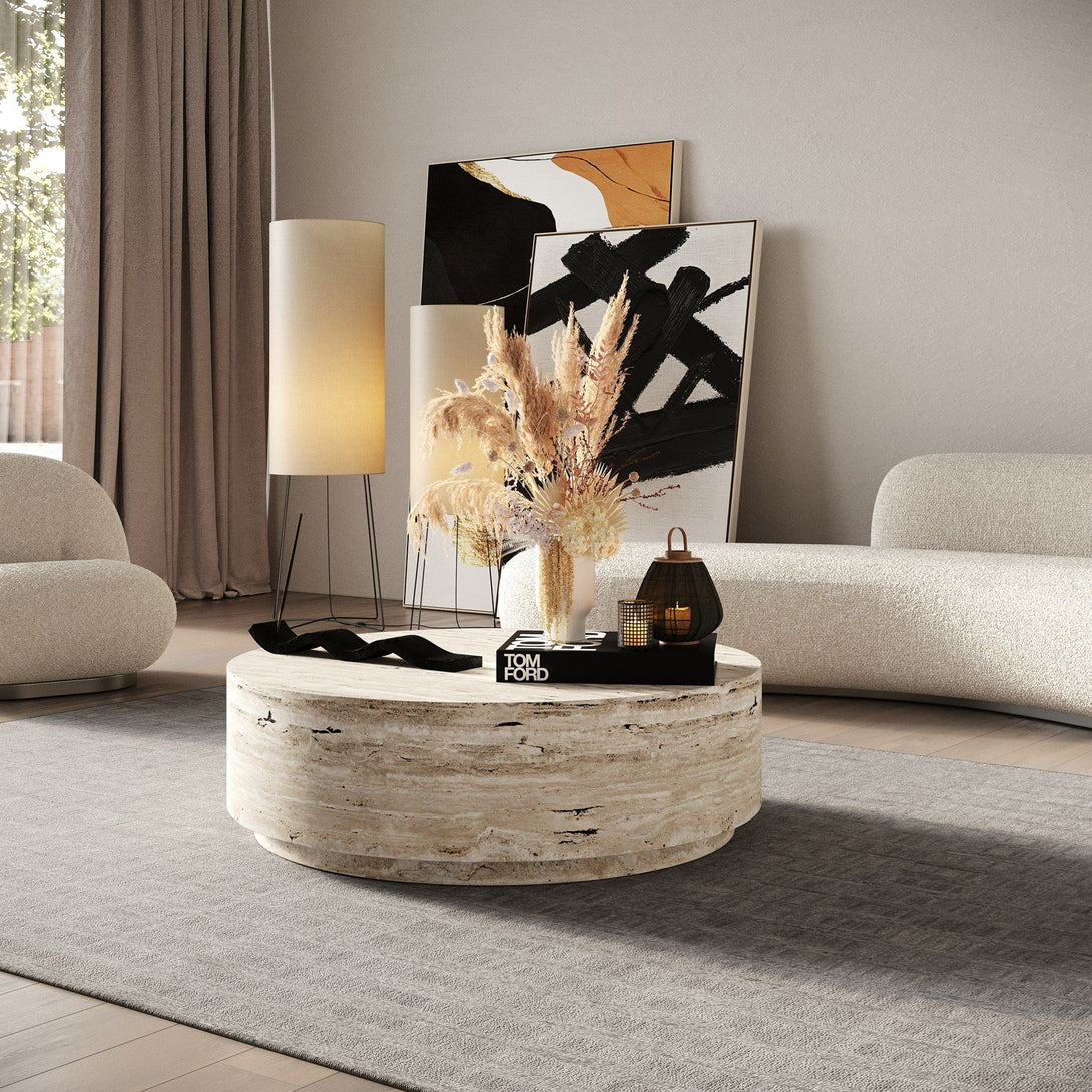 Nova Domus Roma - Modern Faux Travertine Round Coffee Table - View of Faux Travertine Stone in a Demo Room