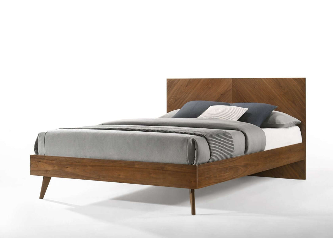 Nova Domus Kamela - Modern Walnut Bed - Angled front view of the bed on a white transparent background