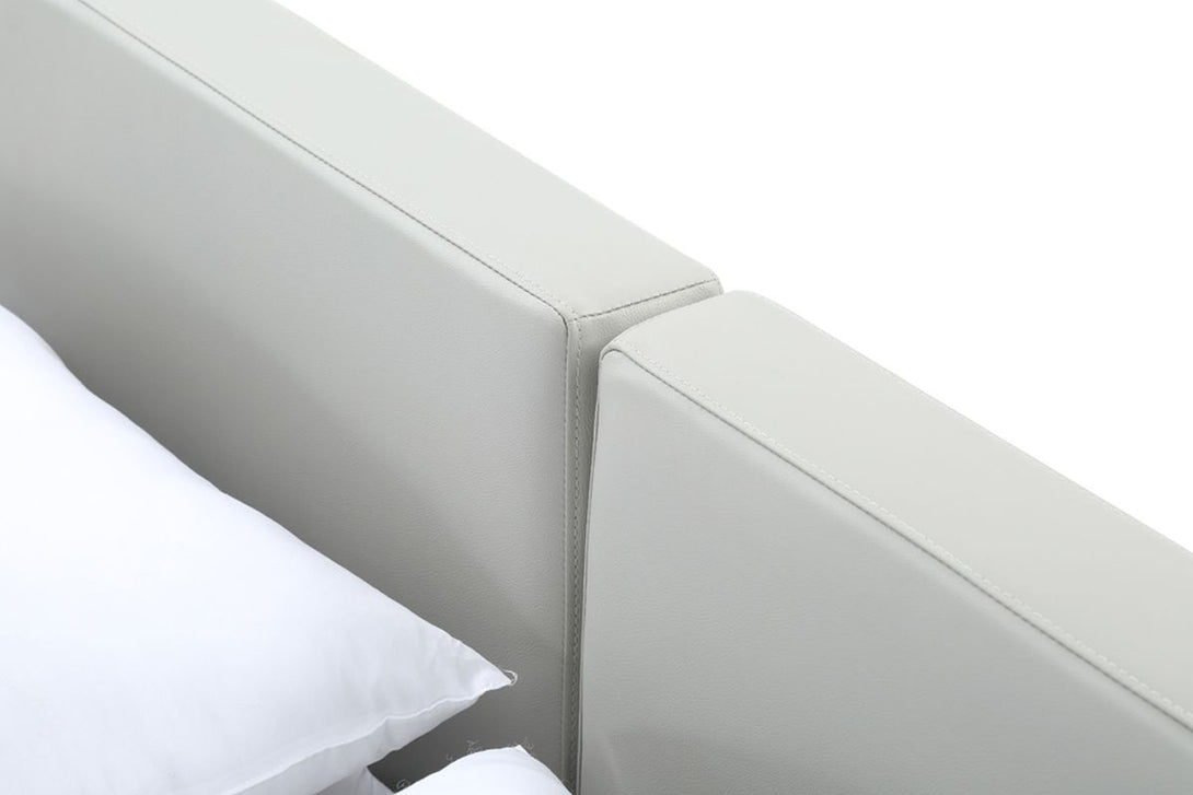 Opal Modern Platform Bed in Walnut and Grey - View of Gray Leather Headboard on White Transparent Background