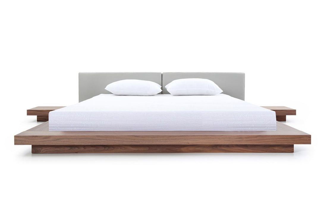 Opal Modern Platform Bed in Walnut and Grey - View from Bottom of Bed Looking Towards Headboard on a White Transparent Background