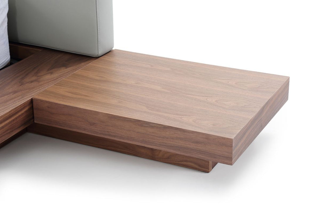 Opal Modern Platform Bed in Walnut and Grey - View of Nightstand Top on White Transparent Background