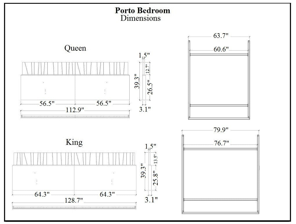 Porto Modern Bedroom Set in Wenge Light Gray - Dimensions