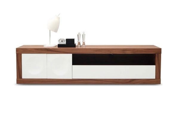 Wooden entertainment console with white and black accents on a white background