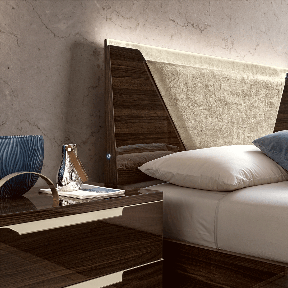 Smart Bedroom Set in Walnut Lacquer Finish - Close-Up View of Headboard