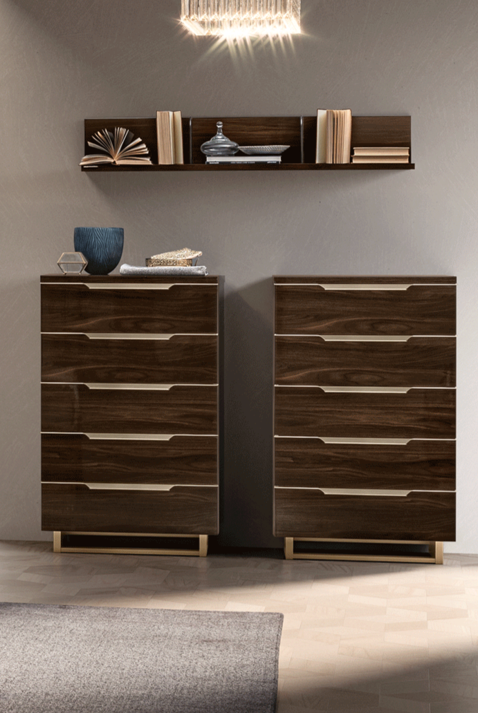 Smart Bedroom Dresser in Walnut Lacquer Finish - Front View of Dressers