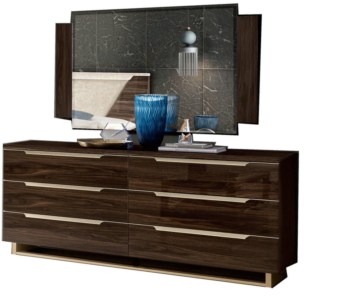 Smart Bedroom Dresser and Mirror in Walnut Lacquer Finish - View of Mirror and Dresser