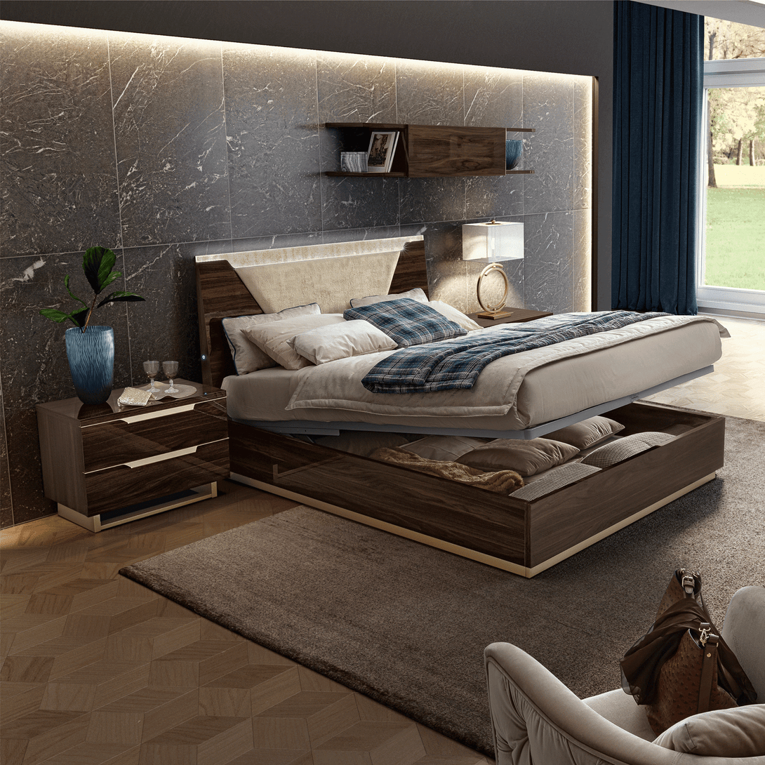 Smart Bedroom Set in Walnut Lacquer Finish - View of Platform Bed Storage Area in a Demo Room