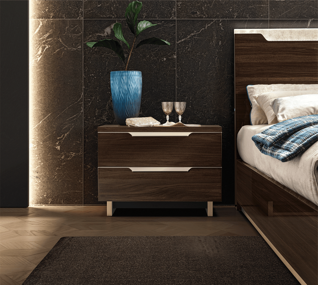 Smart Bedroom Nightstand in Walnut Lacquer Finish - Front View of Nightstand