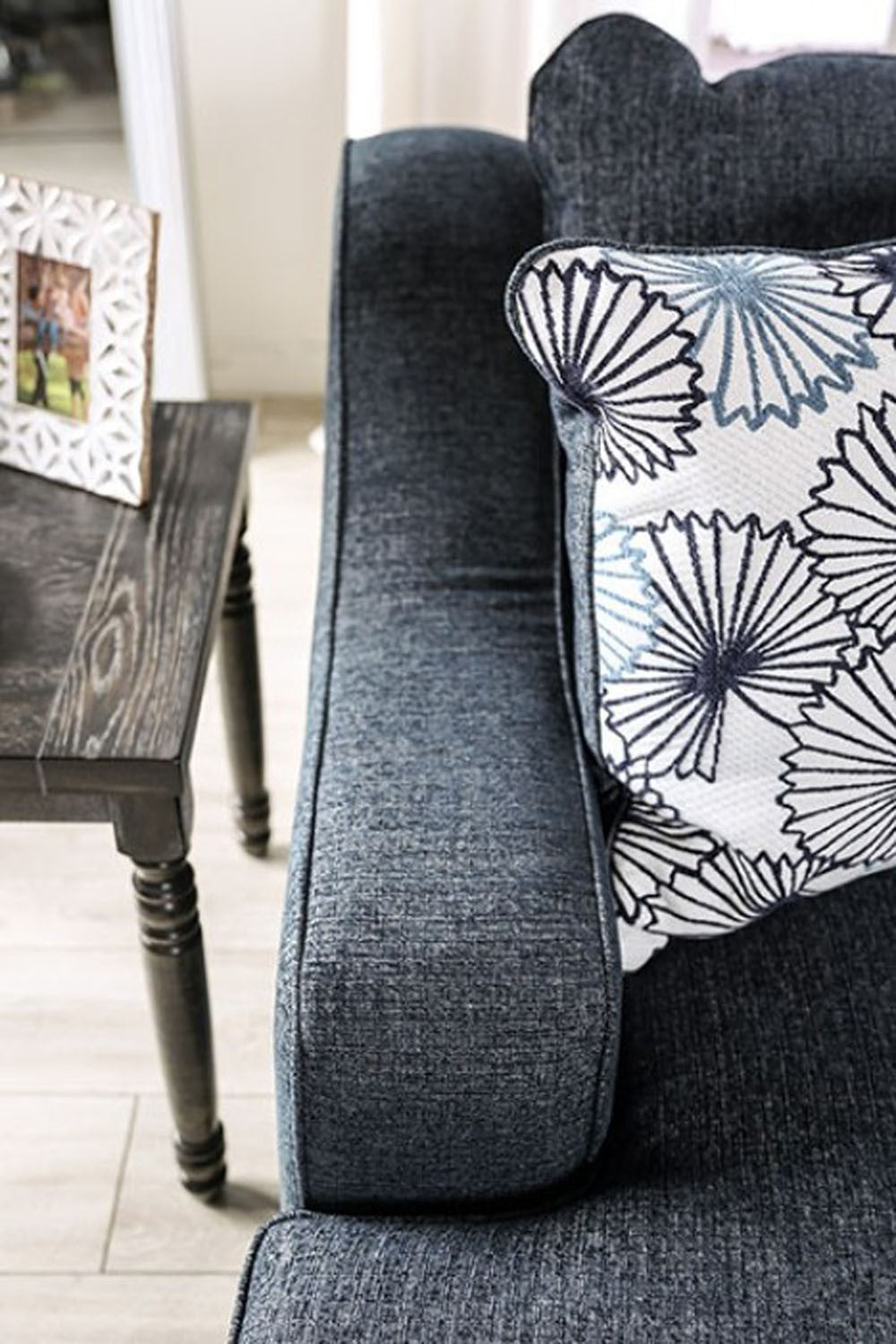 Sonora Loveseat in Dark Navy Linen - Arial View of Sofa Arm