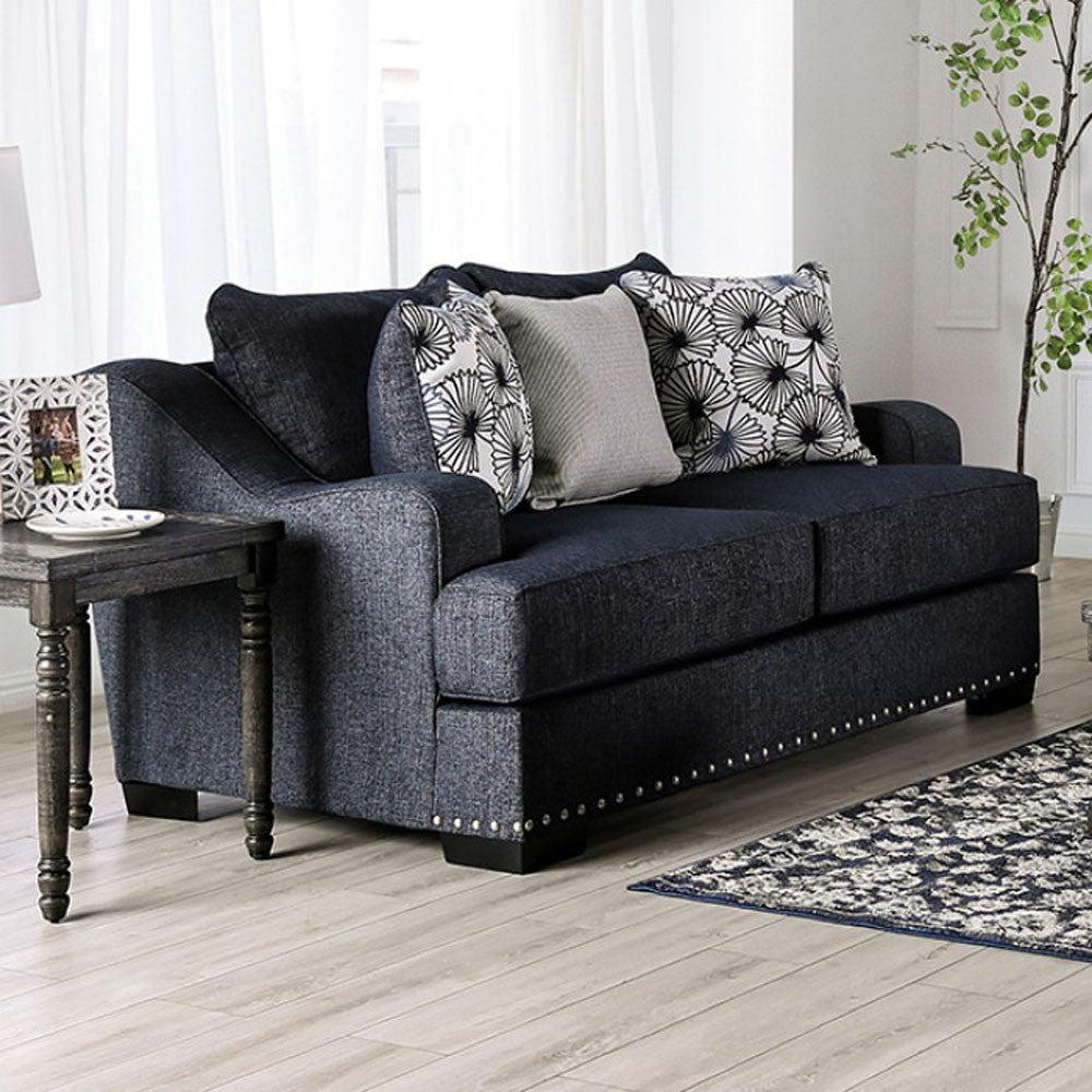 Sonora Loveseat in Dark Navy Linen - Angled View of Front in a Demo Room