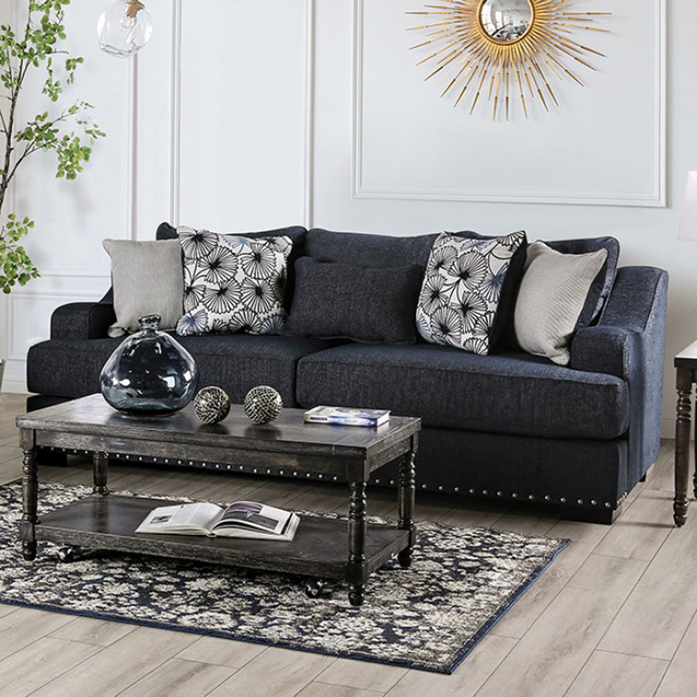 Sonora Sofa in Dark Navy Linen - Angled View of Front in a Demo Room