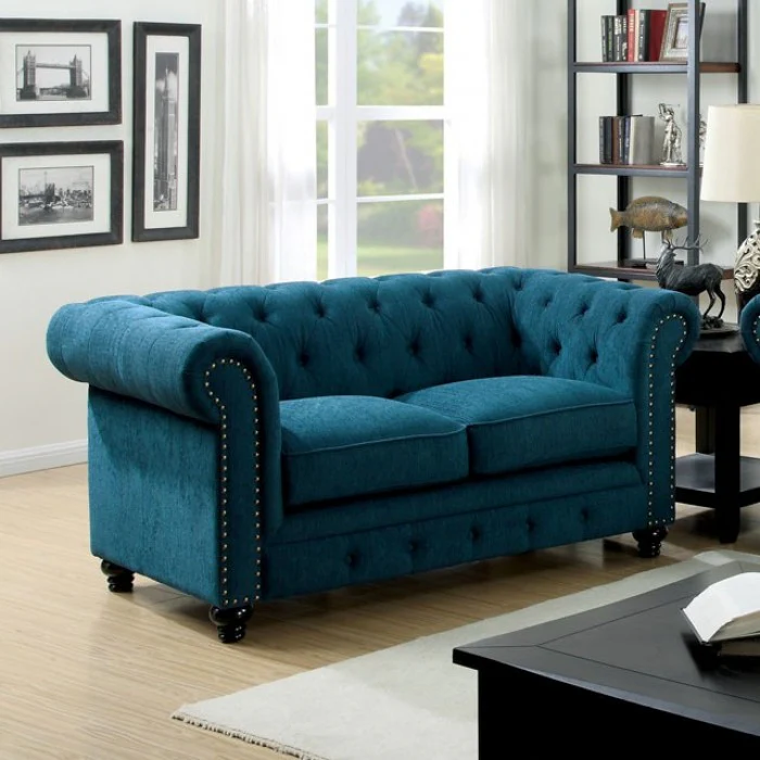 Stanford Loveseat in Dark Teal Linen - Angled View of the Front